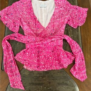 Tanya Taylor Hot Pink Floral Wrap Peplum Blouse